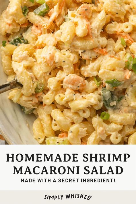 This easy macaroni salad recipe has a secret ingredient that gives it the best flavor. Plus, this classic recipe is a great addition to any summer gathering and it's crowd friendly. Makes 12 servings. Macaroni And Shrimp Salad Recipes, Shrimp Macaroni Salad Recipe, Easy Macaroni Salad Simple, Seafood Macaroni Salad Recipe, Macaroni Salad With Shrimp, Shrimp Macaroni Salad, Shrimp Macaroni, Homemade Macaroni Salad, Pork Ribs Grilled