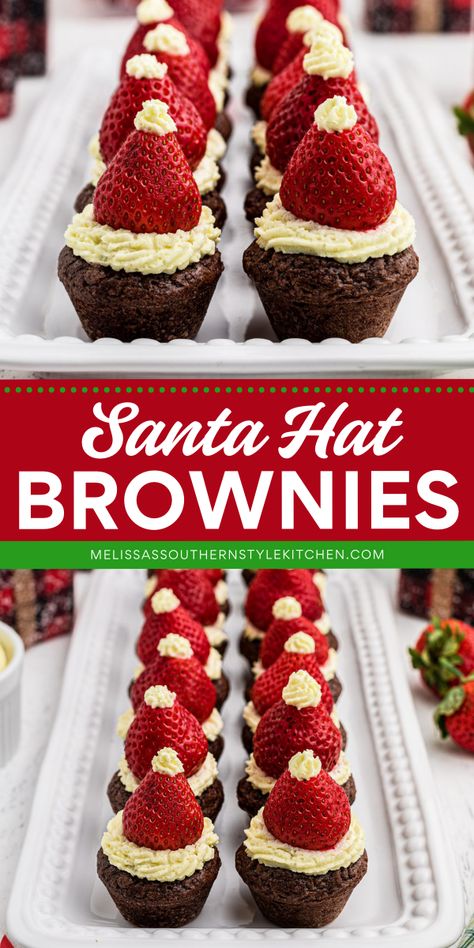 These Santa Hat Brownies are a festive favorite for holiday baking recipes! These adorable mini brownies are topped with strawberries and cream cheese frosting, making them a sweet treat to make at home and a delightful addition to Christmas dessert ideas that will bring holiday cheer to any gathering! Strawberry Santa Hat Brownie Bites, Santa Hat Strawberry, Brownie Bite Santa Hats, Christmas’s Deserts, Brownie Strawberry Santa Hats, Strawberry Holiday Dessert, Holiday Theme Appetizers, Cute Christmas Party Desserts, Santa Treats Ideas