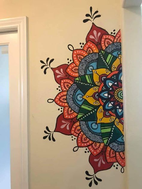 Wall Paint Designs Mandala, Colourful Mandala Art On Wall, Mandala Wall Painting Ideas, Indian Wall Painting Ideas, Wall Painting Mandala Art, Mandir Painting Ideas, Mandir Wall Painting, Mandala Drawing Wall, Tv Wall Painting Design