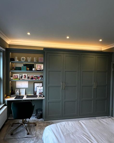 Handmade Bespoke Carpentry on Instagram: "Bespoke fitted Wardrobes with a desk area installed in Farnham, Surrey 🇬🇧 

Have the flexibility to work from home as well as maximise your bedroom wardrobe space. ✅

Handmade in our workshop in Farnham, Surrey 🇬🇧 
Sprayed finish in F&B Pigeon No.25
In-Framed design
Shaker style doors 
Led warm white lighting 
Knurled Brass handles 
Limed oak worktop 
Soft closing Blum Drawers 
Fitted in 2-3 days 💨 
Dust free installation 

@customcarpentrysurrey 

Home office 
Fitted Wardrobes 

Get in touch for your free Estimate ⬇️ 

CONTACT 📧 

info@customcarpentrysurrey.uk

WEBSITE 🛜 

www.customcarpentrysurrey.uk

#bedroom #bedroomdecor #bedroominspo #wardrobe #wardrobedesign #desk #storage #surrey #surreyhills #surreylife #esher #eshermums #cobham #co Built In Wardrobe Desk Ideas, Shaker Style Wardrobe, Bespoke Carpentry, Uk Bedroom, Oak Worktop, Farnham Surrey, Limed Oak, Wardrobe Space, White Lighting