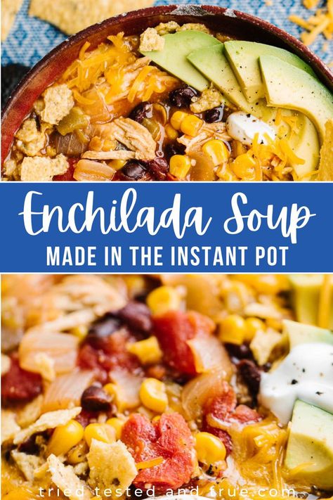 Instant Pot Chicken Enchilada Soup can be made fresh or frozen for a quick dinner idea on busy nights. Chicken Enchilada Soup is a super easy way to get all your favorite enchilada flavors in a bowl! Because you can top each bowl with your favorite toppings, it's super customizable, healthy, and fresh. Green Enchilada Chicken Soup Instant Pot, Chicken Enchilada Soup Instant Pot, Instant Pot Chicken Enchiladas, Chicken Enchilada Soup Recipes, Instant Pot Freezer, Instant Pot Freezer Meals, Soup Instant Pot, Chicken Enchiladas Easy, Easy Freezer Meals