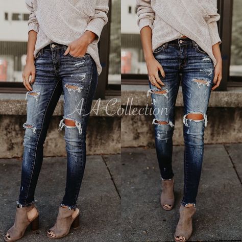 Denim - Jeans denim distressed skinny Womens Fashion Casual Winter, Trendy Jeans, Ankle Length Jeans, Womens Fashion Casual Spring, Long Jeans, Curvy Jeans, Autumn Fashion Women, Womens Fashion Casual, Ripped Jeans