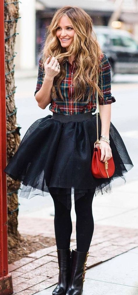 WEAR PLAID SHIRTS/spring outfit/EASY TO STYLE IDEAS Red Skirt Christmas Outfit, Skirt Christmas Outfit, Shirt And Skirt Outfit, Tulle Outfit, Green Flannel Shirt, Tulle Skirts Outfit, Womens Tulle Skirt, Winter Party Outfit, Cute Christmas Outfits