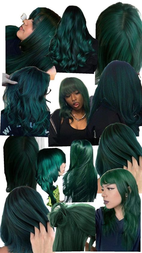 Jewel Toned Hair, Dark Green Hair Aesthetic, Hair Dye Ideas Green, Dark Green And Black Hair, Green Tips Hair, Dark Emerald Green Hair, Green Hair Curly, Emerald Green Hair Color, Deep Green Hair