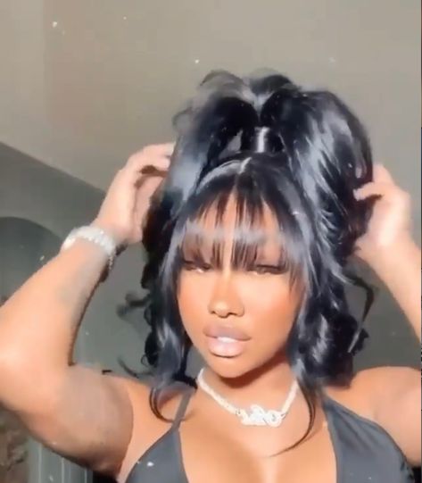 Wig Hairstyles Ideas Black Women With Bangs, Updo Hairstyles With Bangs For Black Women, Lace Front Wig Ponytail Black Women, 90s Barbie Hairstyles, Up Do With Bangs For Black Women, Chinese Bangs With Ponytail, 2023 Updos For Women, Long Ponytail With Bangs Black Women, Bob Ponytail With Bangs Black Women