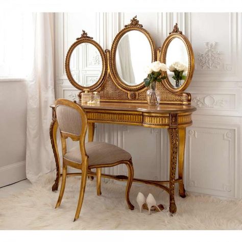 Gold French Furniture | Versailles Collection Reka Bentuk Bilik Tidur, Fine Furniture Design, Dressing Table Vanity, French Dressing, Antique Vanity, French Bedroom, Shabby Chic Dresser, White Bedroom Furniture, Dressing Table Mirror