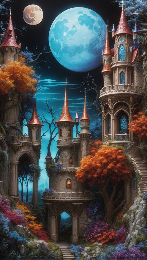 A painting of a castle with trees and a moon Magical House, Castle Art, Fantasy Homes, A Castle, Beautiful Evening, Dream Home Design, Beautiful Images, Surrealism, Cute Drawings