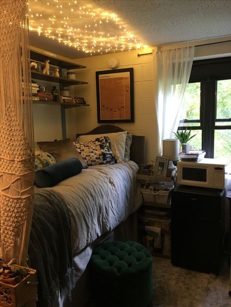 Dorm room #dorm #college #tumblrroom #tumblr #vintage #bedroom Earthy Dorm Room Ideas Cozy, Floral College Dorm, College Dorm Room Ideas Earthy, College Triple Dorm Room Ideas, Alternative Dorm Room Ideas, Forest Green Dorm Room Aesthetic, Dorm Inspo Cozy Blue, Color Schemes For Dorm Rooms, Cozy College Dorm Room Ideas