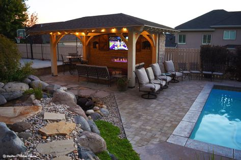 habertson-pavilion-tv-game Outdoor Gazebo With Tv, Gazebo With Tv, Gazebo Tv Ideas, Outdoor Television Ideas Patio, Outdoor Television, Patio Tv, Tub Room, Timber Pergola, Custom Barn Doors