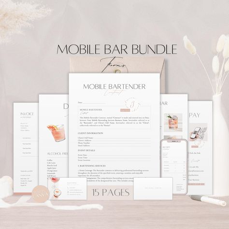 Hey you  Are your ready to take your business to the next level right now?  Elevate your professional image and streamline your operations with my exclusive bundle of professionally designed forms for your mobile bar business. From comprehensive contract, effortless record-keeping to streamlined payments, each element is crafted to save you valuable time and enhance your client interactions. My templates are not just documents; they are tools designed to empower professional bartenders like you, Mobile Bar Essentials, Mobile Bar Contract, Mobile Bar Packages, Mobile Bartending Business Plan, Small Bar Ideas Business, Mobile Bar Ideas Business, Mobile Bar Names, Mobile Bar Name Ideas, Mobile Bar Set Up