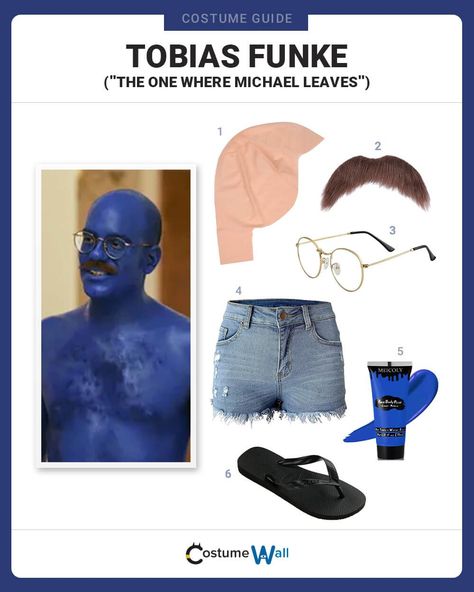 Tobias Funke Costume Tobias Funke Blue, Blue Man Group Costume, Arrested Development Costume, Tobias Funke, Fake Mustache, Round Metal Glasses, Got Costumes, Fake Mustaches, Bald Cap