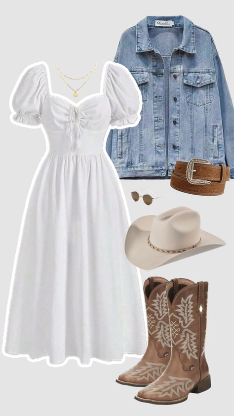 White Dress Denim Jacket, Modest Outfits Dresses, Cow Girl Boots, Dress Denim Jacket, Brown Boots Outfit, Cute Cowgirl Outfits, Outfits For Mexico, Girl Boots, Modesty Outfits