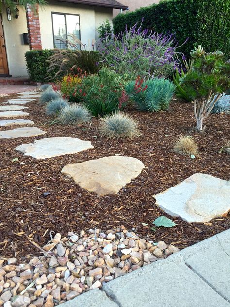 Paving stone pathway surrounded by mulch bark, and colorful low water plants in this Low water, drought resistant landscaping Drought Resistant Landscaping, Low Water Landscaping, Low Water Plants, Mulch Landscaping, Low Maintenance Landscaping, Stone Path, Low Maintenance Garden, Front Yard Landscaping Design, Landscaping With Rocks