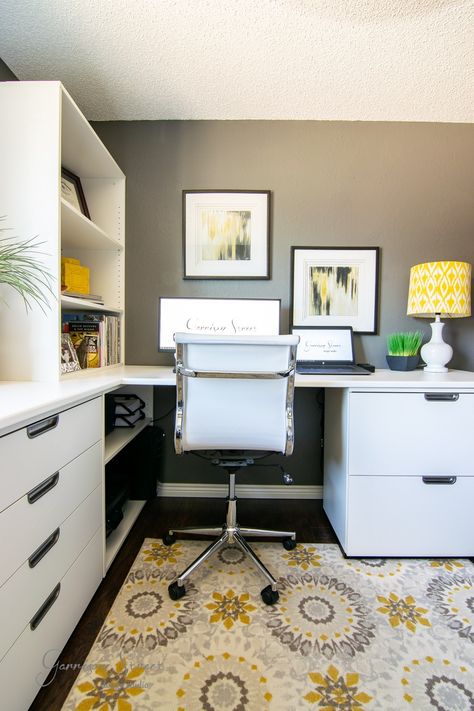 How Our Dual IKEA Home Office Saved Us | ©GarrisonStreetDesignStudio |  Ikea Hack | Before and After | Office Makeover | Home Office | Ideas | Design | Decor | DIY | Setup | For Two | White | Small | Home Office Ideas | On a Budget | Modern | Scandi | Work From Home | Built In | Storage | Gray | Yellow | Inspiration | Layout | Shared | Dual Office | Bedroom Office | Simple | Shelves | Study | Creative | IKEA | Desk | Workspace | Corner | Double | Grey | Minimal | Bright | Organized Ikea Home Office, Office Hacks, House Is A Mess, Bright Office, Ikea Office, Tank Pool, Ikea Desk, Ikea Bedroom, Stock Tank