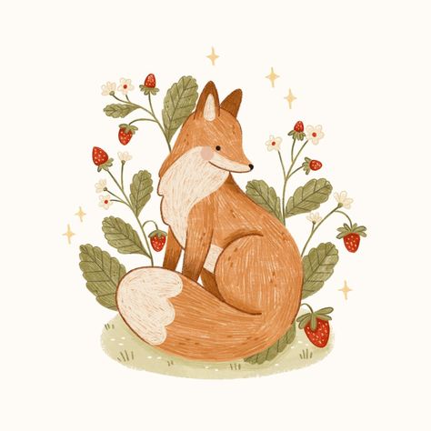 Cottage Core Art, 동화 삽화, Spring Illustration, Fox Drawing, Fox Illustration, Fruit Plants, Fox Art, March 30, Shop Owner