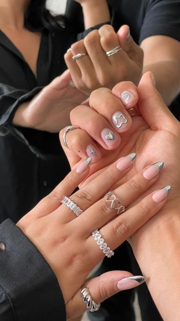 Match Couple Nails, Matching Valentine Couple Nails, Chrome Matching Nails, His And Her Nail Ideas, Masc Valentine Nails, Hers And Hers Nails, Men’s Valentines Nails, Matching Chrome Nails, Guy And Girl Matching Nails