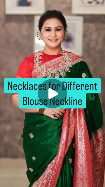 FASHION PIXIE 🍁 on Instagram: "Necklaces for Different Blouse Necklines. #blouse #necklineandnecklace #saree #styleguide #indianstyle #fashionpixii #nilishadave" Jewellery For Closed Neck Blouse, Necklace For V Neck Blouse, Saree With Necklace, Necklace For Saree, Saree Necklace, Neckline Necklace Guide, Boat Neck Saree Blouse, Necklace For Neckline, Necklace Guide