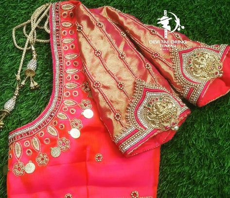 Traditional look Lakshmi kasu aari work bridal blouse... Love for the Creation & Detailing❤️ Blouse Designed & Tailored from The House of Devi Tailoring Please DM us or Whatsapp us on +91_9445222156,+91_6381853744 #devitailoring #tenkasi #tirunelveli #courtallam #kadaiyanallur #tenkasi360 #bridalblouse #traditionalart #southindiabride #embroidery #aari #stone #pink #anitiquestyle #engagement #marraige #makeupartist #traditional #instafashion #embroideryart #lakshmikasu #kasublouse Lakshmi Pendent Aari Blouse, Lakshmi Kasu Work Blouse, Lakshmi Pendant Aari Work Blouse, Blouse Designed, Blouse Designs High Neck, Aari Designs, Aari Blouse, Blouse Back Neck Designs, Aari Work Blouse