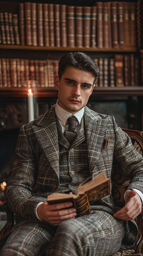 Classic Reading Moment: A dignified young man sits reading a book in a library filled with timeless elegance. #library #reading #elegance #man #suit #aiart #aiphoto #stockcake ⬇️ Download and 📝 Prompt 👉 https://ayr.app/l/XbKg Library Photoshoot Ideas Men, Man Holding Book, Library Pics, Library Photoshoot, Dr Ratio, Library Reading, Man Suit, Man Photography, Graduation Photoshoot