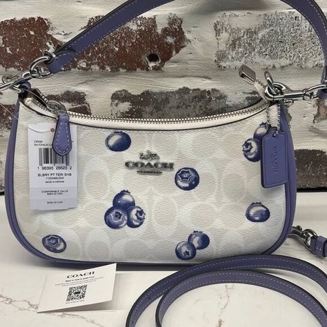 NWT Coach Teri Shoulder Bag In Signature Canvas With Blueberry Print Coach Teri Shoulder Bag, Blueberry Print, Coach Saddle Bag, Coach Bucket Bag, Grey Crossbody Bag, Vintage Crossbody Bag, Nike Tennis Dress, Coach Crossbody, Coach Crossbody Bag