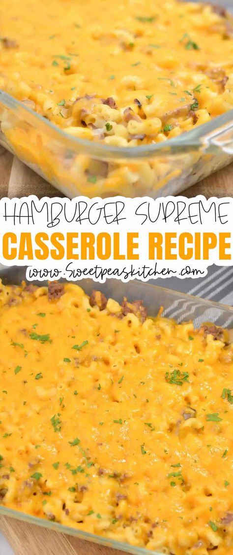 Hamburger Supreme Casserole - Sweet Pea's Kitchen Hamburger Supreme Casserole 12 Tomatoes, Hamburger Stuffing Casserole, Hamburger Supreme Casserole, Pea Casserole Recipes, Cheesy Hamburger Casserole, Celiacs Disease, Macaroni Casserole, Cheesy Macaroni, Hamburger Casseroles Recipes