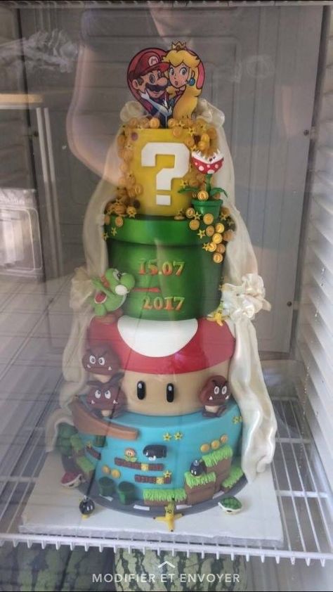 Video Game Wedding Cake, Mario Wedding Cake, Mario Themed Wedding, Gamer Wedding Cake, Mario Wedding, Universe Check, Video Game Wedding, Gamer Wedding, Galaxy Wedding