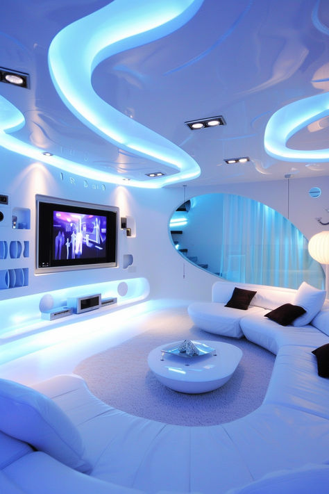 Living room home decor and furniture Cybercore Living Room, Futuristic House Interior, Loui Vuttion, Futuristic Home Interior, Futuristic Houses, Comfy Room, Futuristic Interior Design, Nice Rooms, Dream Bedroom Inspiration