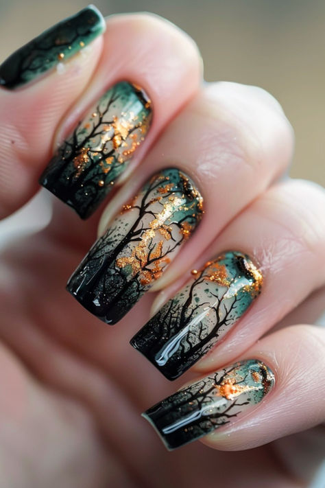 Enchanted Forest Nail Design Ideas For October Forest Nail Ideas, Twilight Nails Ideas, Fall Sage Nails, Spooky Tree Nails, Forest Themed Nails, Fall Tree Nail Designs, Dnd Nail Designs, Enchanted Forest Nail Designs, Forest Nails Designs