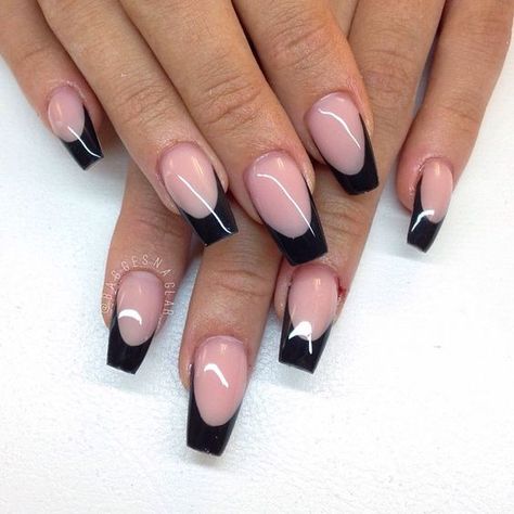 Black French tip,  Coffin nails. French Nail Polish, Black French Manicure, Black French Nails, Black French Tip, Contemporary French, Classic Nail, Black Coffin Nails, French Manicure Designs, Manikur Kuku