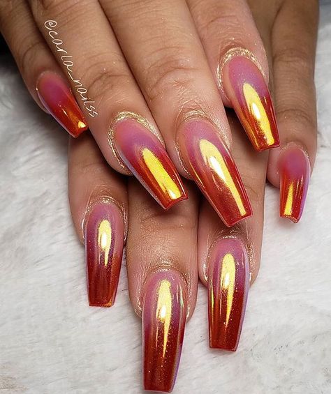 Orange Chrome Nails, Orange Chrome, Gold Gel Nails, Metallic Nails Design, Metallic Nail, Chrome Nails Designs, Chrome Nail, Nail Design Ideas, Metallic Nails