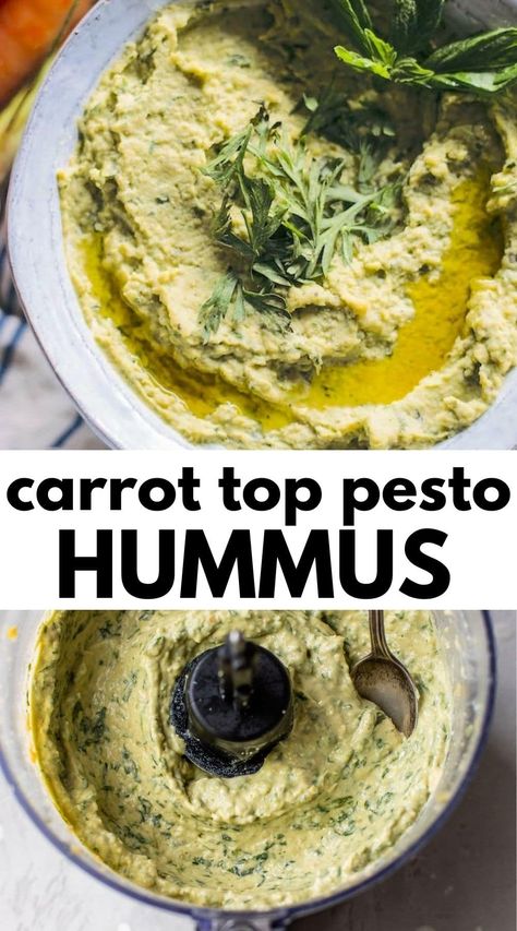 This Carrot Top Pesto Hummus is the best of both worlds: a delicious combination of pesto and hummus. Plus, it's a great way to use up the entire carrot! Carrot Top Pesto, Vegan Budget, Pesto Hummus, Vegan Apps, Creamy Hummus, Hummus Ingredients, Eating Schedule, Csa Recipes, Healthy Appetizer Recipes