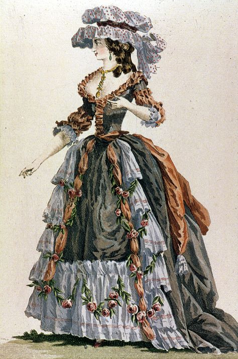 engraving from "Galerie des Modes et Costumes Francais", c.1778-1787, 18th Century. wide ruffle border extending to either end of the gown 18th Century Ball Gown, 1750s Fashion, 1760s Fashion, 1770s Fashion, 1790s Fashion, French Dresses, Summer Gown, European Costumes, 18th Century Dress