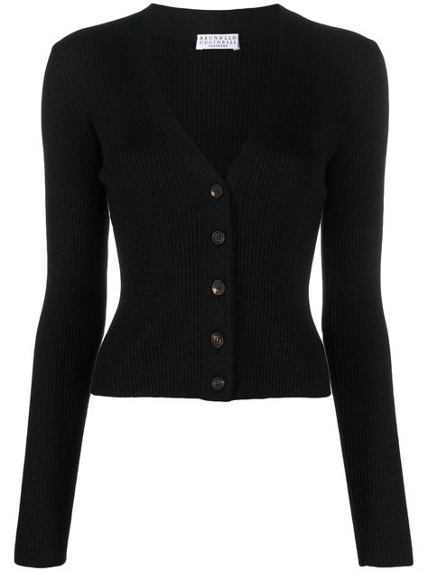 black cashmere-silk blend metallic effect ribbed knit V-neck long sleeves front button fastening straight hem Tight Cardigan Outfit, Rib Knit Cardigan, Causal Outfits, Fitted Cardigan, Black Knit Sweater, Cardigan Outfits, V Neck Cardigan, Teen Fashion Outfits, Brunello Cucinelli