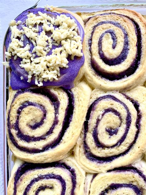 Super Soft Ube Ensaymada Rolls Fresh Ube Recipes, Purple Pastries, Ube Donut Recipe, Ube Roll Cake Recipe, Ube Ensaymada, Ube Cupcake Recipe, Ube Roll, Ube Cupcakes, Filipino Meals