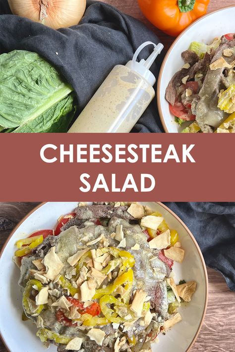 Two personal bowls of Cheesesteak Salad next to a squirt bottle of hoagie dressing Philly Cheesesteak Salad, Hoagie Salad Recipes, Philly Cheese Steak Salad, Hoagie Dressing, Cheesesteak Salad, Steak Salad Dressing, Steak And Cheese Sub, Pepper Rings, Chicken Cheesesteak