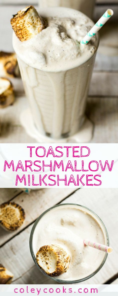 TOASTED MARSHMALLOW MILKSHAKES | Easy recipe for creamy toasted marshmallow milkshakes. So fun to make and only need 3 ingredients! #frozentreats #milkshake #marshmallow #easy #recipe #icecream | ColeyCooks.com Toasted Marshmallow Milkshake, Marshmallow Milkshake, Marshmallow Drink, Milkshake Recipe Easy, Milkshake Recipe, Milkshake Recipes, Milk Shakes, Vegetable Drinks, Toasted Marshmallow