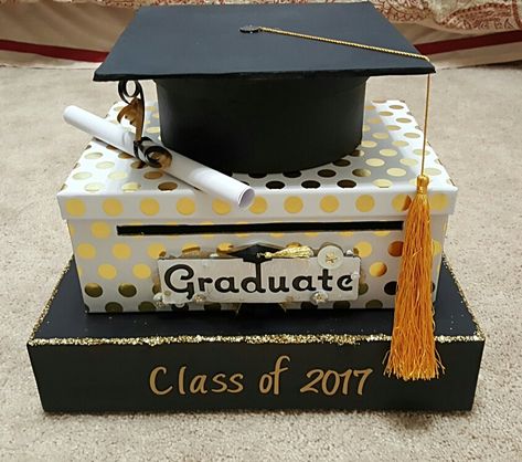 I made this card box for my daughters high school graduation Graduation Card Box, Diy Graduation Decorations Party, Graduation Party Cards, Graduation Box, Graduation Card Boxes, Boy Graduation, Senior Graduation Party, Graduation Party High, Graduation Tables