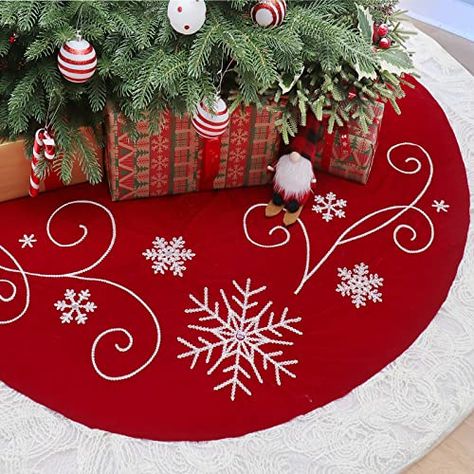 Holiday Party Decorations Christmas, Velvet Tree Skirt, Velvet Tree, Red Christmas Tree Skirt, Party Decorations Christmas, Xmas Tree Skirts, Red Christmas Tree, Sequin Embroidery, Holiday Party Decorations