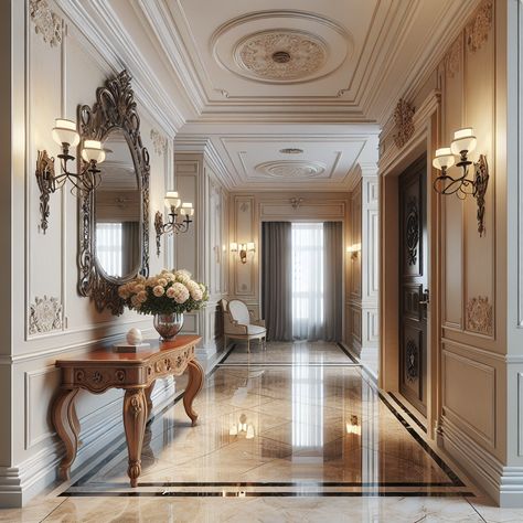 The hallway should have cream-colored walls decorated with ornate iron sconces providing warm lighting, shiny marble flooring that gives an impressive look. An antique wooden table against one wall with a vase of fresh flowers on it, next to a large, old-fashioned mirror with a decorative frame. The ceiling should possess intricate moulding details. The image serves as an inspiration for contemporary home remodel ideas. French Hallway, Luxury Hallway, House Corridor, Elegant Hallway, Hallway Design Ideas, Hallway Ceiling, Luxurious Homes, Hallway Inspiration, Hallway Design