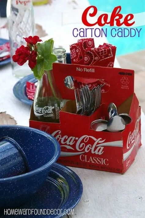 Cardboard Soda Box Crafts, Diet Coke Party Theme, Coca Cola Party Theme, Coke Party, Coke Kitchen, Silverware Display, Coca Cola Party, Patriotic Table Decor, Coca Cola Kitchen