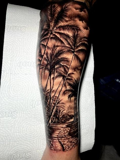 Florida Sleeve Tattoo, Hawaiian Leg Tattoo, Beach Tattoo For Men, Surfing Tattoos, Beach Scene Tattoo, Jr Tattoo, Cool Animal Tattoos, Waterfall Tattoo, Harmony Tattoo