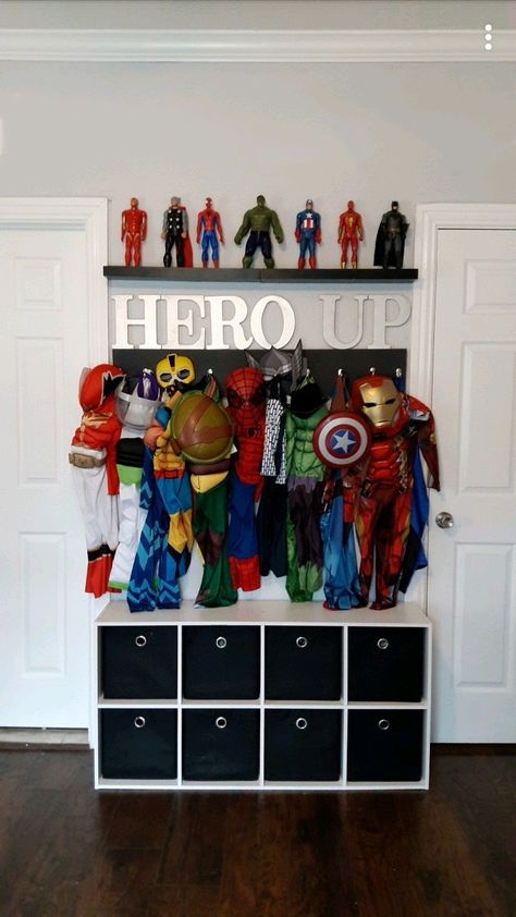 Superhero Shared Bedroom, Diy Superhero Bedroom Decor, Superhero Storage Ideas, Dinosaur And Superhero Bedroom, Super Hero Storage Ideas, Spider Man Bedroom Ideas Diy, Hero Up Costume Wall, Super Hero Bedroom Ideas For Boys, Spidey Room Decor