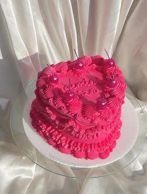 Hot Pink Heart Cake, Hot Pink Birthday Cake, Miami Birthday, Hot Pink Cakes, Heart Birthday Cake, Modern Birthday Cakes, Heart Cakes, Pink Birthday Cakes, Birthday Ideas For Her