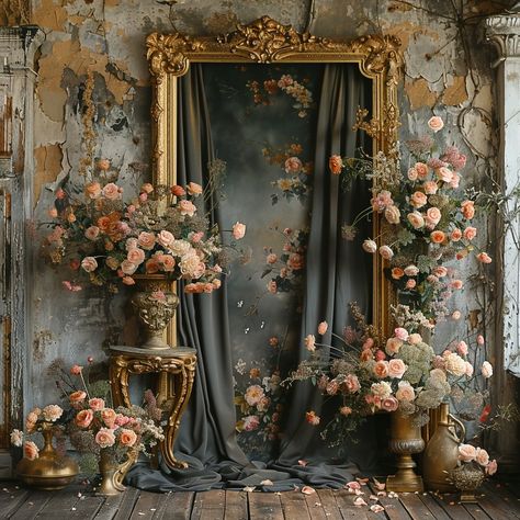 "Where time pauses, and beauty unfurls in every corner—welcome to the eternal bloom of an abandoned ballroom. 🥀🖤 #vintagecharm #abandonedbeauty #floralarrangement #roses #forgottenplaces #beautyindecay #floralart #elegantdecay #decayingbeauty #abandonedspaces #flowerstyling #lostplacesphotography #rosesareforever #antiqueaesthetic #floweroverload #nostalgicmoments #timelessbeauty #oldworldcharm #romanticdecay #floraldecor #moodyflorals #forgottenelegance #petalpoetry #rusticbeauty #decadentde... Yalda Decor, Baroque Flower Arrangements, Baroque Floral Arrangement, Baroque Flowers Painting, Victorian Photo Backdrop, Victorian Background, Abandoned Ballroom, Photoshoot Setup, Red Rose Installation