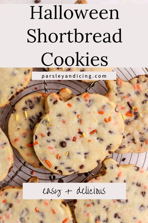 These buttery Halloween shortbread cookies with chocolate chips and sprinkles are perfect for Halloween. They are easy to make and melt in your mouth delicious! Halloween Biscuits Ideas, Kids Halloween Cookies, Halloween Shortbread Cookies, Halloween Cut Out Cookies, Easy Halloween Baking, Halloween Shortbread, Halloween Cookies Easy, Fall Hangout, Halloween Baked Goods