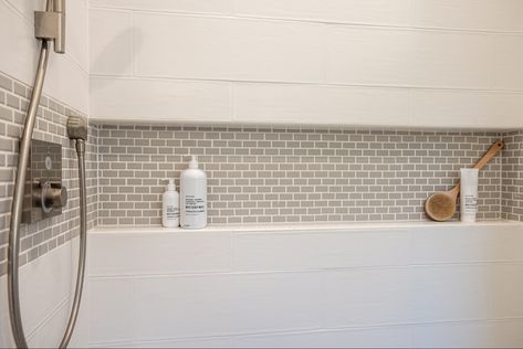 Shower Stall Niche Ideas, Shower Alcove Shelf, Long Shower Shelf, Shower Indented Shelf, Tiled Tub Shower Combo Alcove, Long Horizontal Shower Niche, Long Niche Bathroom, Bathroom Shower Shelf Ideas, White Shower With Niche