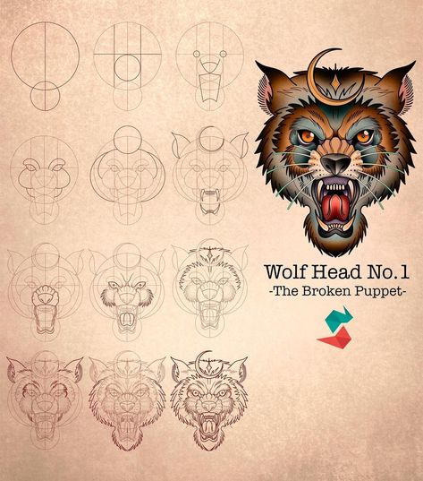 How to Draw a Wolf Head from my New Procreate set with @tattoospaceco Are you an aspiring tattooist/apprentice? Do you want to learn the… | Instagram How To Draw Traditional Tattoos Step By Step, How To Draw American Traditional, How To Draw A Skull, Traditional Skulls, Wolf Head Illustration, Traditional Tattoo Tutorial, Neotrad Tattoos, Bear Face Drawing, Draw A Wolf