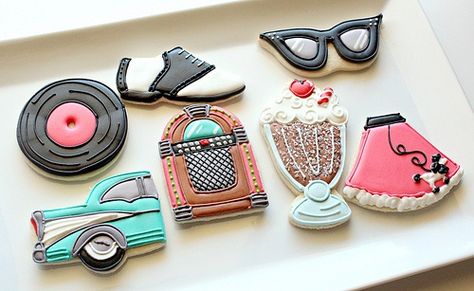 images of baking themed cookies | What terrifically cute 1950s themed decorated cookies, #cookies # ... 50s Theme Parties, Sock Hop Party, Sock Hop, Deco Originale, Creative Cookies, Cookie Inspiration, Iced Cookies, Cute Cookies, Icing Cookies