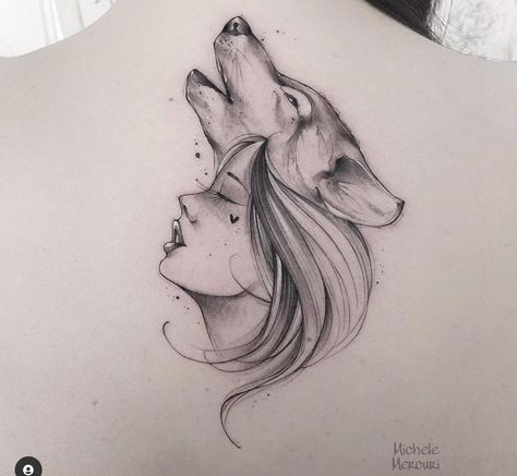 Wolf Cherry Blossom Tattoo, Wolf Mother Tattoo, Wolf Protecting Woman Tattoo, Wolf And Woman Tattoo, Woman Wolf Tattoo, Wolf Woman Tattoo, Psy Tattoo, She Wolf Tattoo, Feminine Wolf Tattoo Design