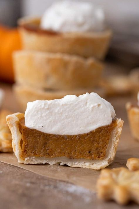 Easy Mini Pumpkin Pies Recipe Made in Muffin Tin - Lifestyle of a Foodie Crustless Mini Pumpkin Pies In A Muffin Tin, Muffin Tin Pumpkin Pie, Cupcake Tin Pies, Pumpkin Pie Tarts Mini, Individual Pumpkin Pie Recipe, Pumpkin Pie Cupcakes Recipe, Pumpkin Pie Muffins, Mini Pumpkin Pies Recipe, Frozen Pumpkin Pie